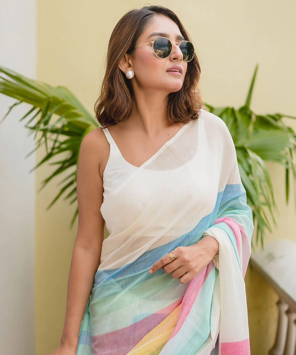 Multicolor Pastel Striped Cotton Saree with Soft Textures