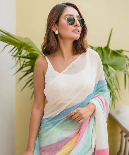 Multicolor Pastel Striped Cotton Saree with Soft Textures