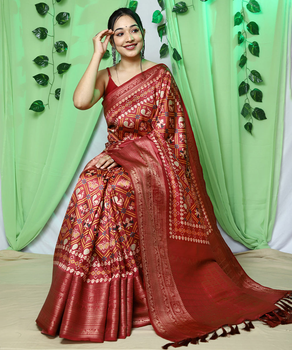 Lustrous Red Patola Art Silk Saree with Intricate Traditional Prints