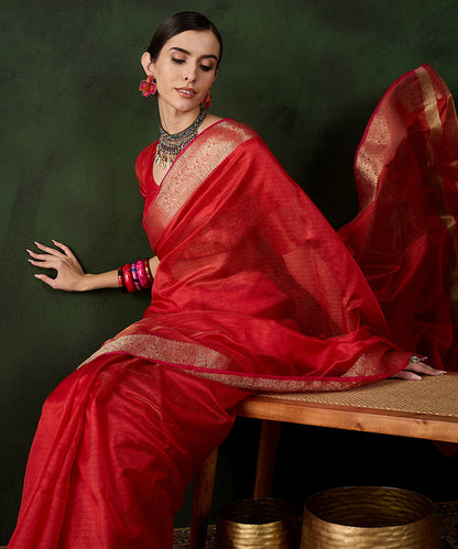 Scarlet Red Cotton Silk Saree with Intricate Zari Border