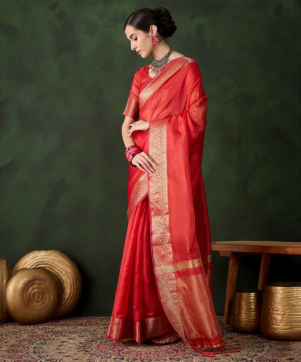 Scarlet Red Cotton Silk Saree with Intricate Zari Border