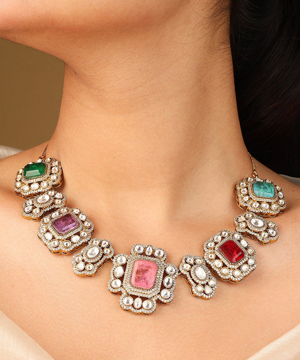 Colourful Harmony Necklace Set with Square Stones and Elegant Accents