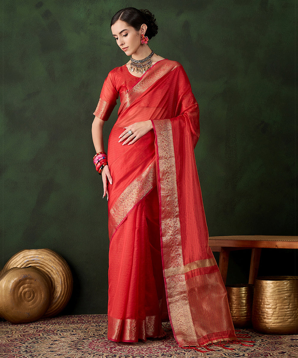 Scarlet Red Cotton Silk Saree with Intricate Zari Border