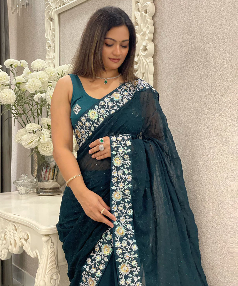 Women's Embroidered Dark Teal Saree with Traditional Elegance