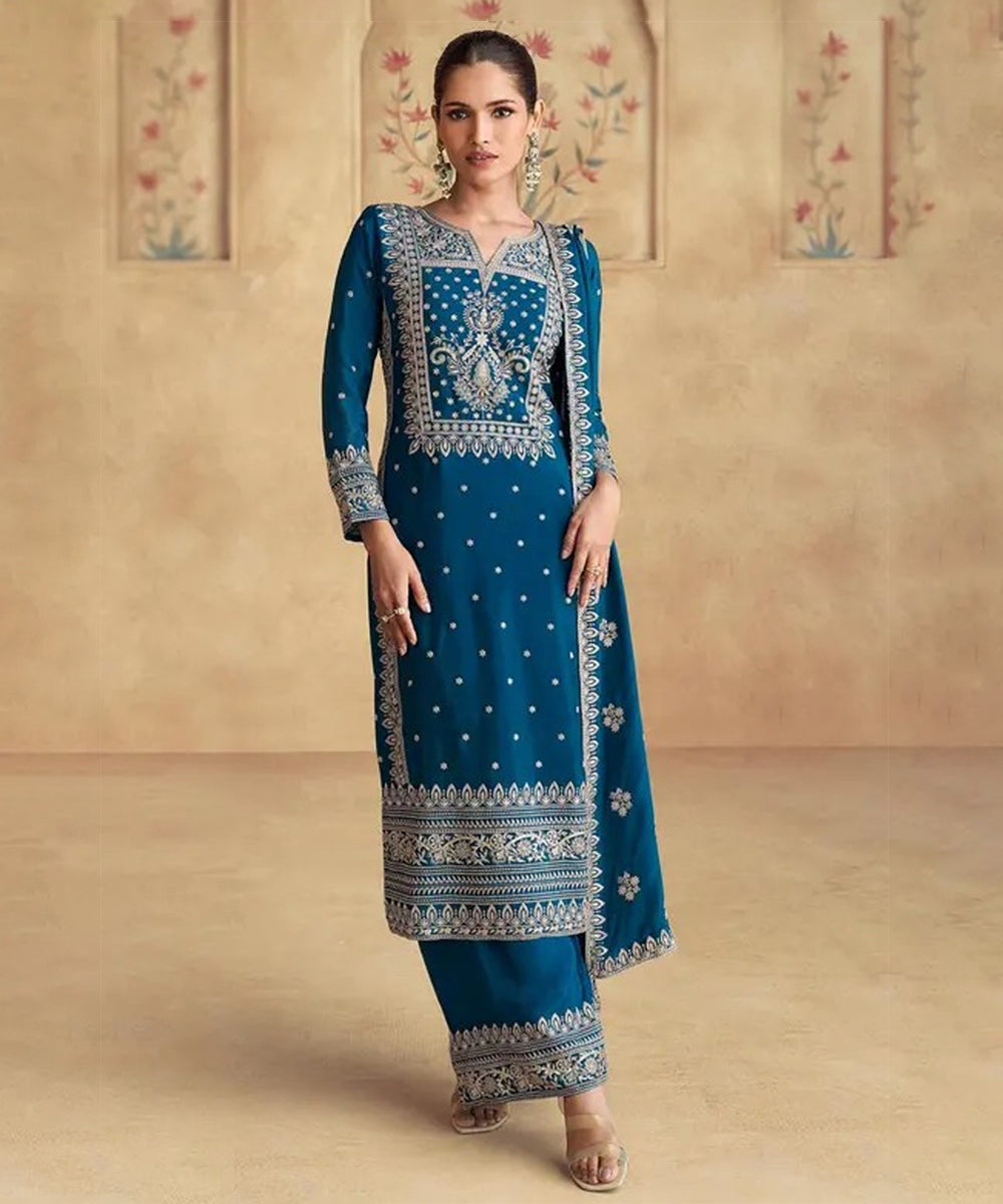 Teal Blue Chinon Salwar Kameez & Dupatta Set