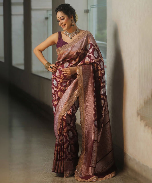 Regal Maroon Banarasi Art Silk Saree with Exquisite Gold Weaving