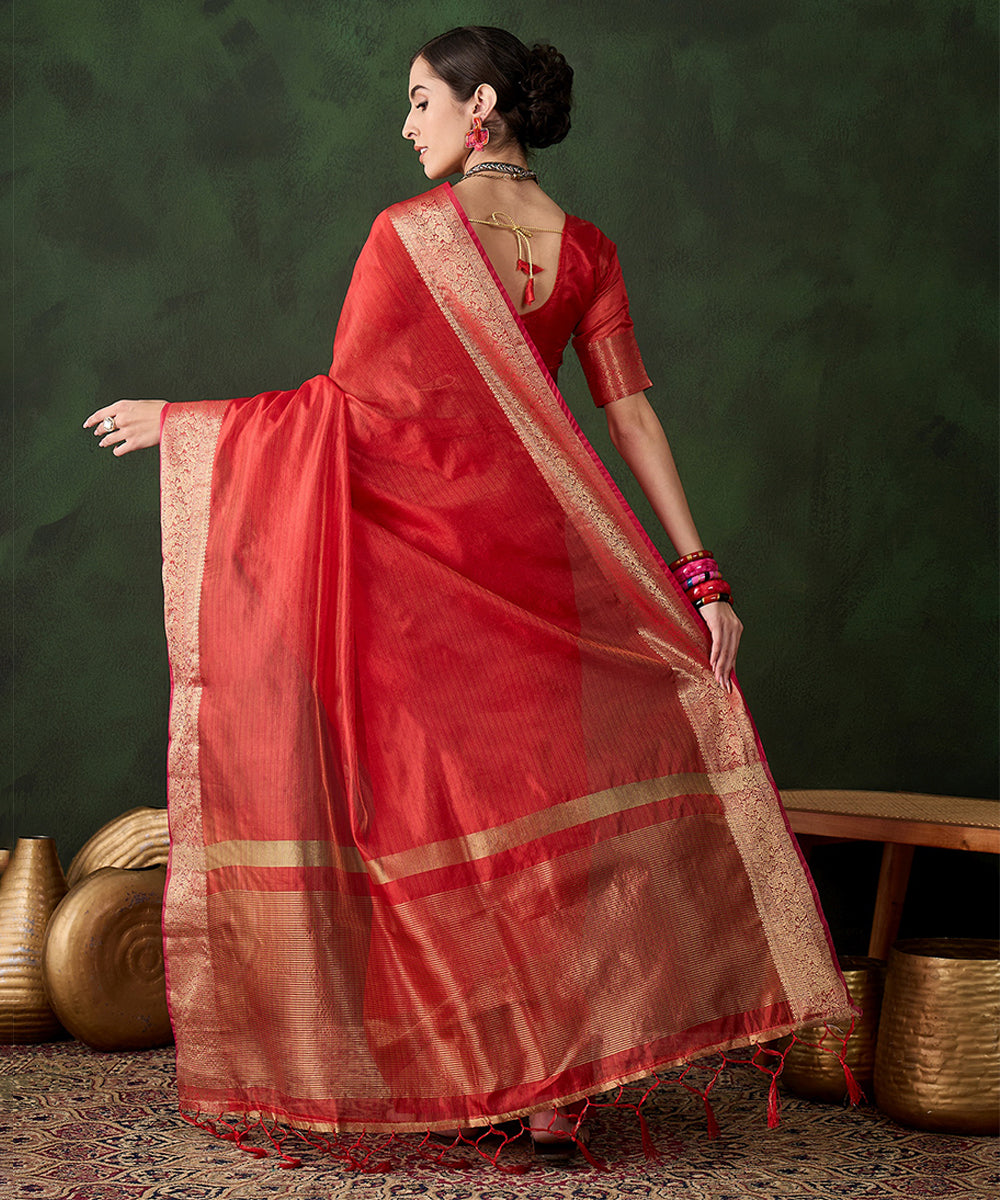 Scarlet Red Cotton Silk Saree with Intricate Zari Border