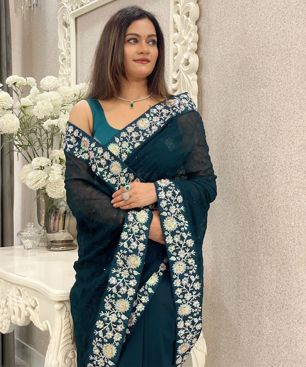 Women's Embroidered Dark Teal Saree with Traditional Elegance