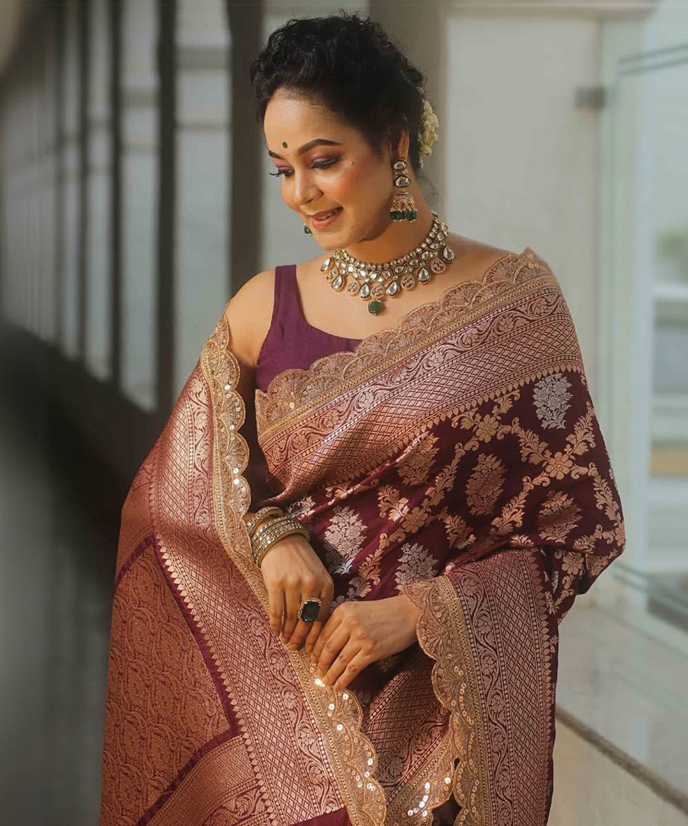 Regal Maroon Banarasi Art Silk Saree with Exquisite Gold Weaving