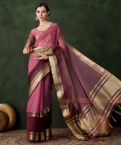 Wine Cotton Silk Saree with Ornate Gold Zari Border