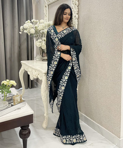 Women's Embroidered Dark Teal Saree with Traditional Elegance