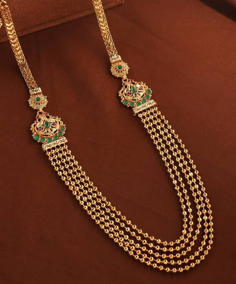 Gold Beads Necklace Set with Pink Stone Accents