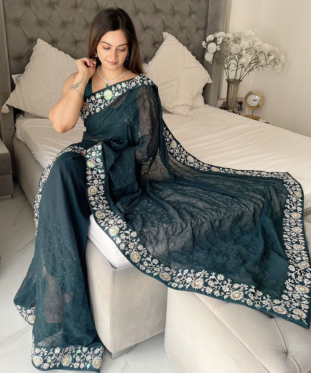 Women's Embroidered Dark Teal Saree with Traditional Elegance