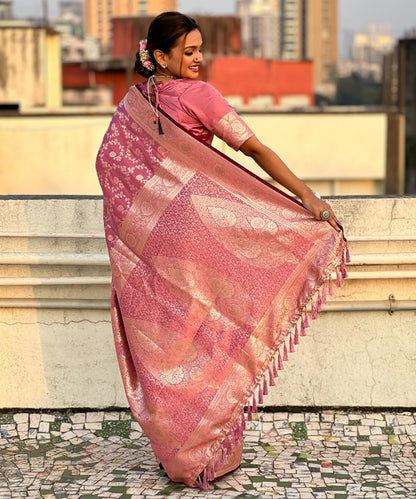 Graceful Pink Art Silk Saree with Ornate Golden Zari Work