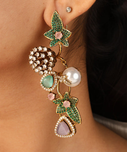 Floral Inspired Statement Necklace with Green and Pink Stones and Matching Earrings