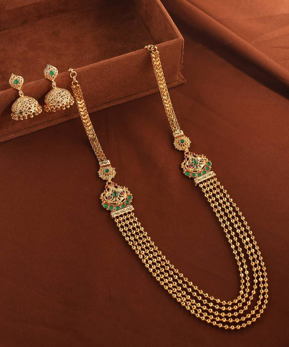 Gold Beads Necklace Set with Pink Stone Accents
