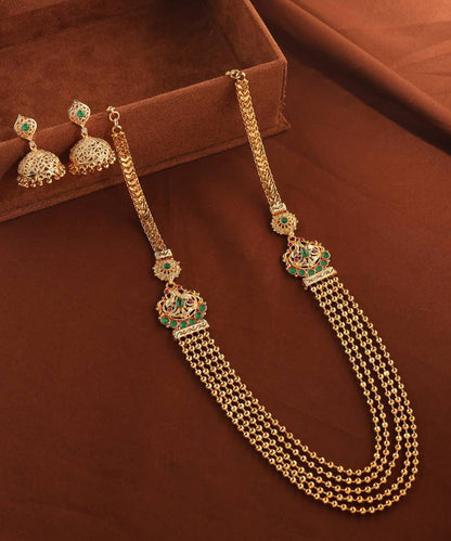 Gold Beads Necklace Set with Pink Stone Accents