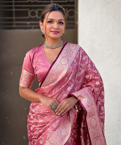 Graceful Pink Art Silk Saree with Ornate Golden Zari Work