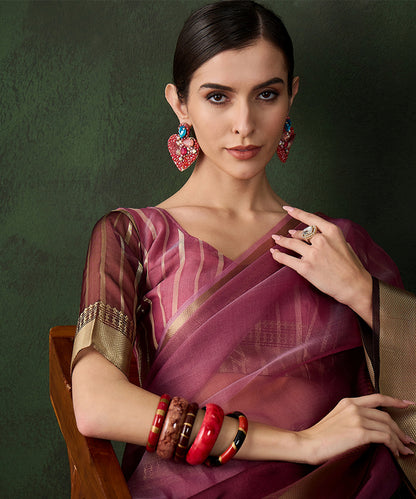 Wine Cotton Silk Saree with Ornate Gold Zari Border