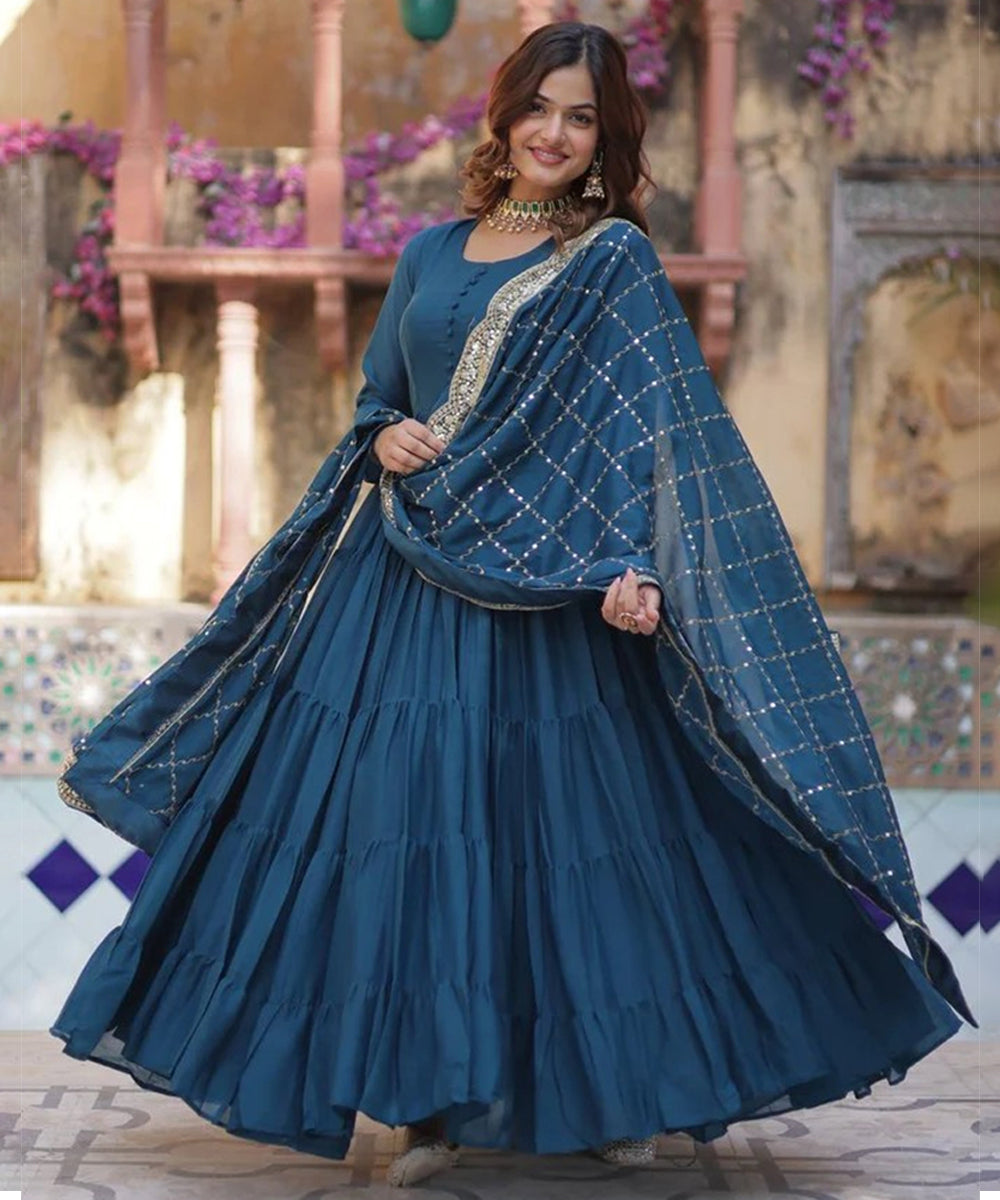 Teal Blue Star Georgette Gown and Dupatta Set