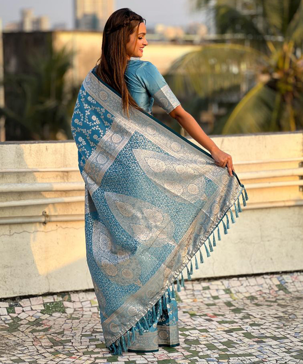 Elegant Blue Art Silk Saree with Intricate Silver Zari Work