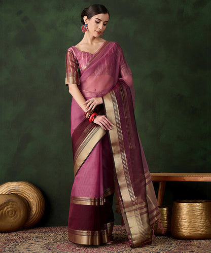 Wine Cotton Silk Saree with Ornate Gold Zari Border