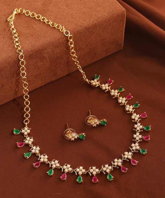 Multicolour Stones Pearls and Gold Necklace
