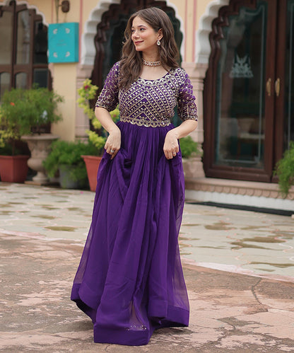 Purple Blooming with Embroidery Zari Sequins-Work Gown