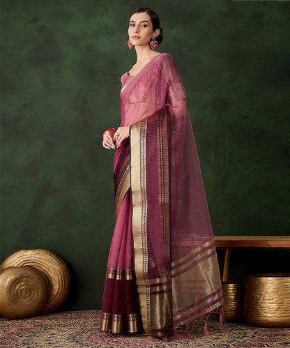 Wine Cotton Silk Saree with Ornate Gold Zari Border