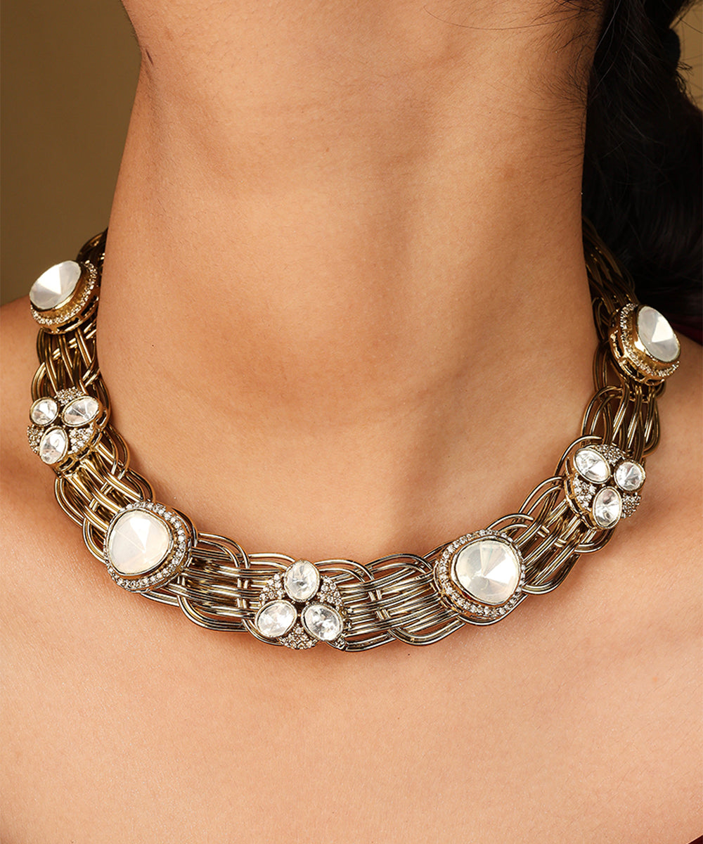 Indo Western Floral Gold Hasli Necklace with Matching Earrings