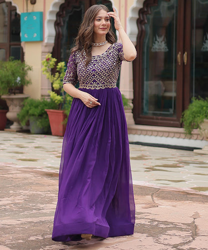 Purple Blooming with Embroidery Zari Sequins-Work Gown