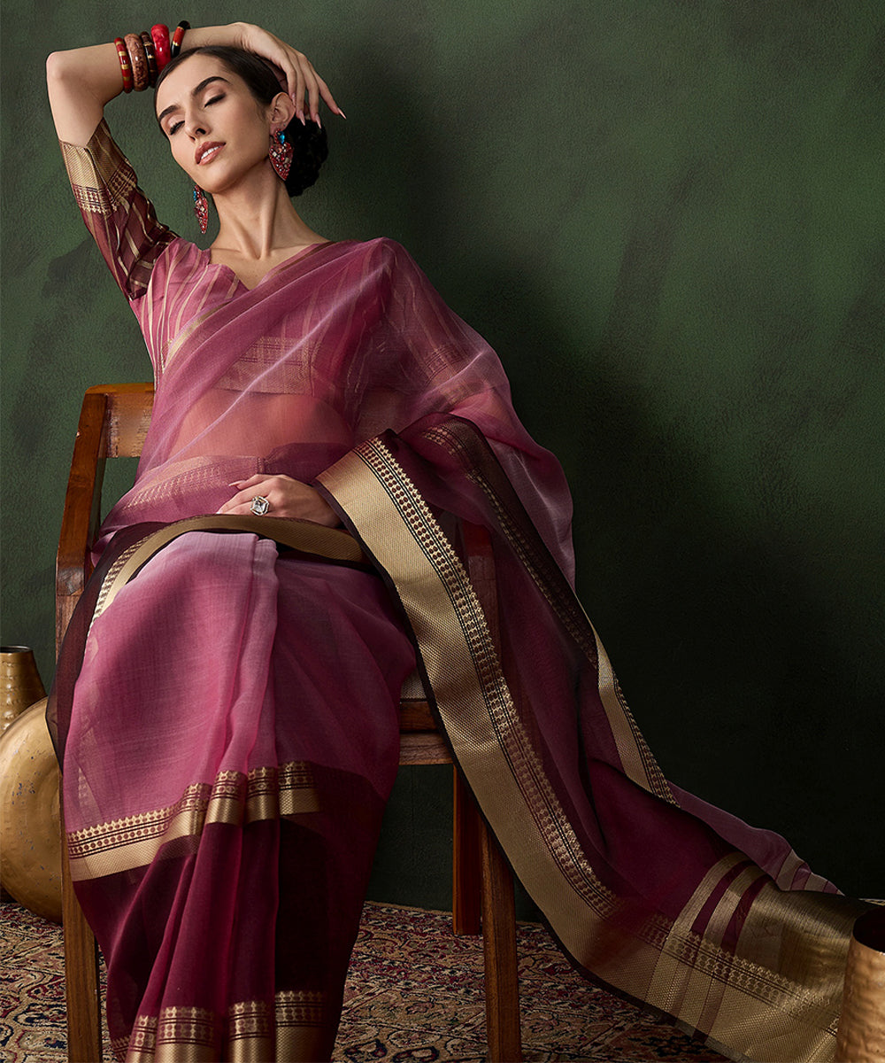 Wine Cotton Silk Saree with Ornate Gold Zari Border