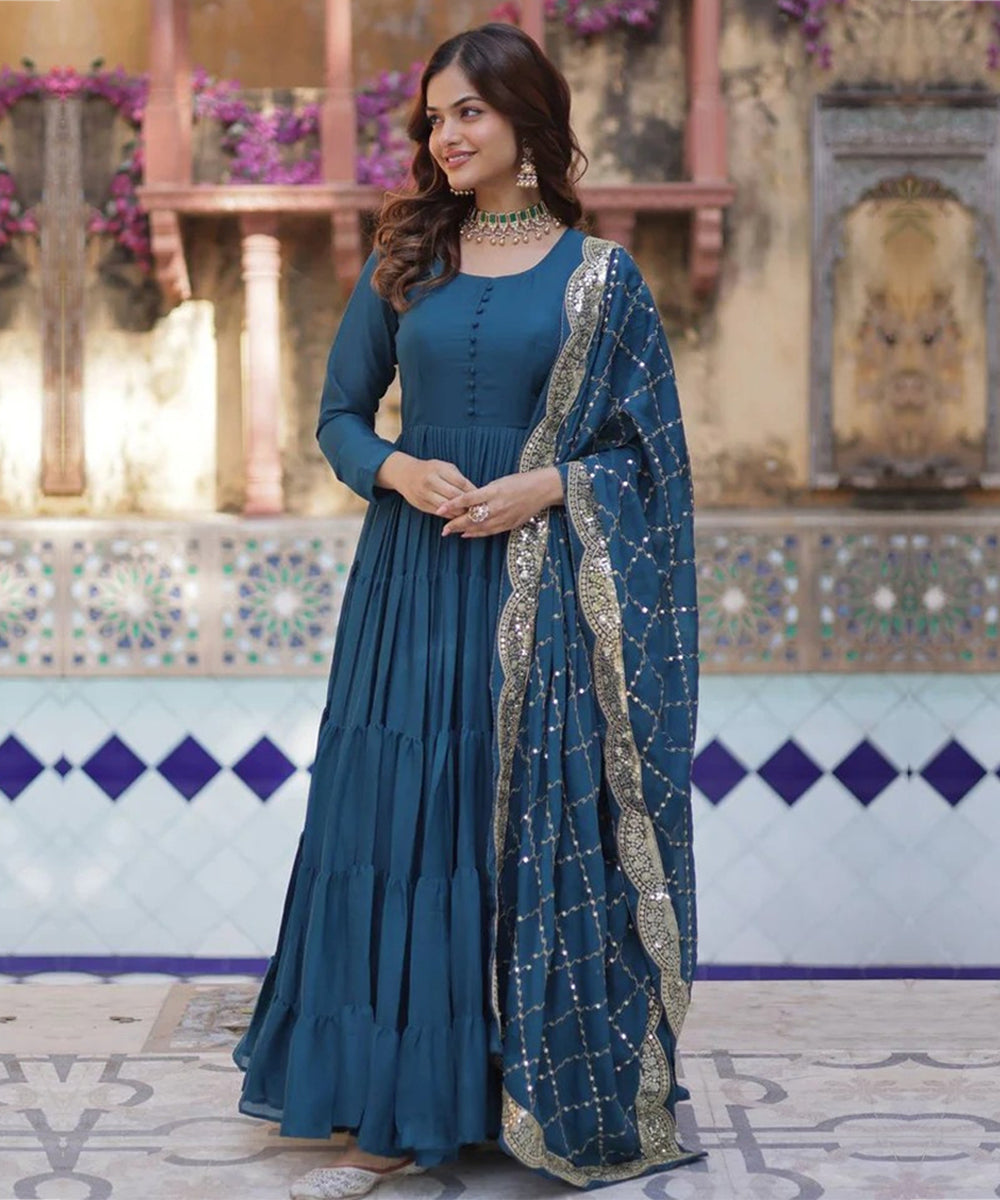 Teal Blue Star Georgette Gown and Dupatta Set