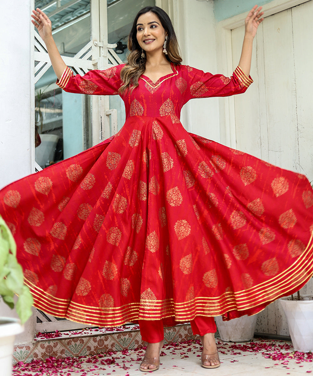 Red Cotton Printed Anarkali with Bottom
