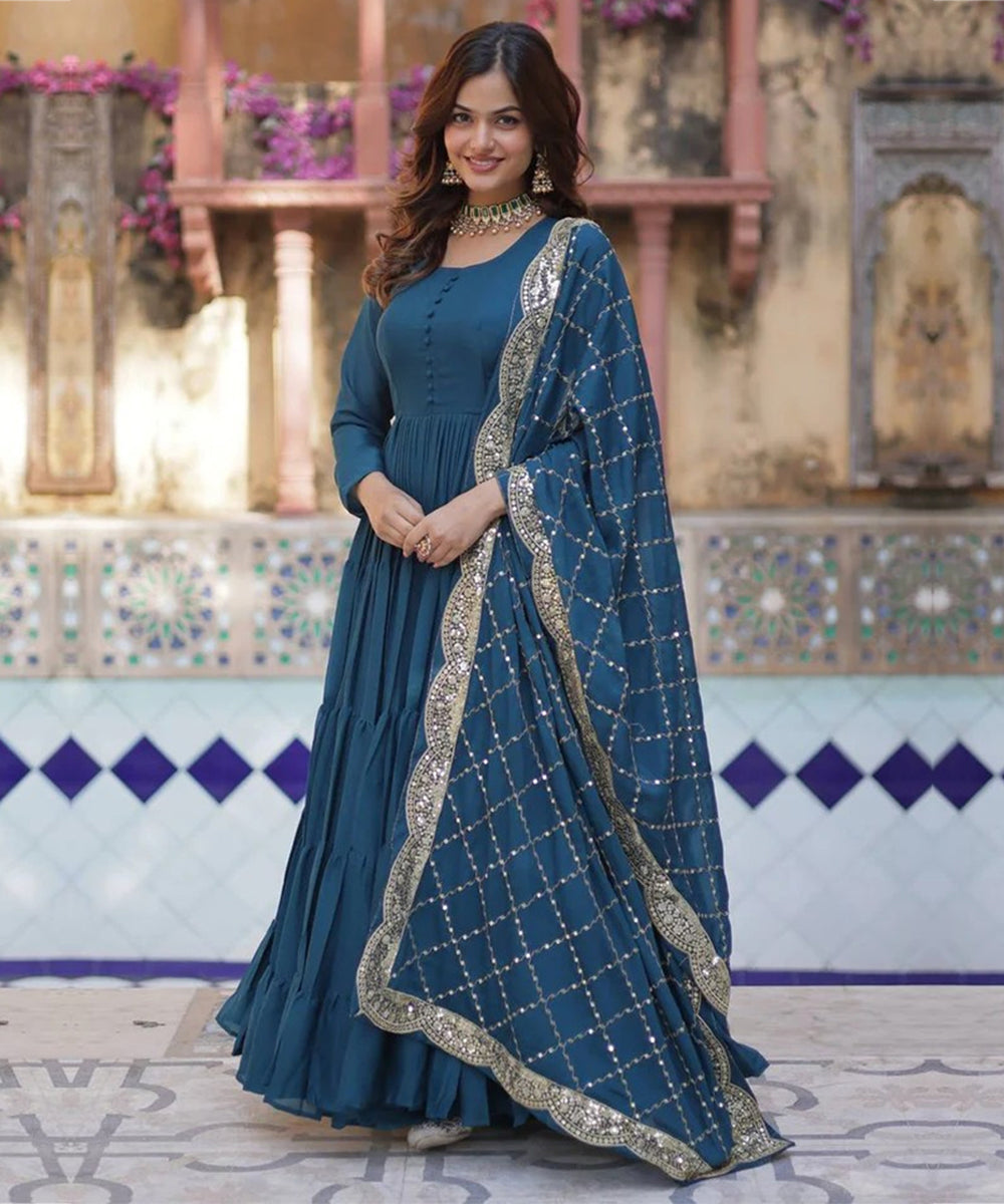 Teal Blue Star Georgette Gown and Dupatta Set