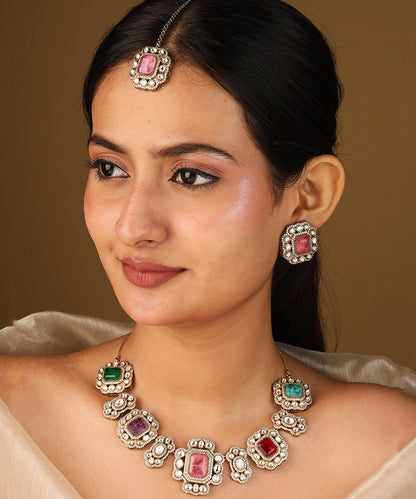 Colourful Harmony Necklace Set with Square Stones and Elegant Accents