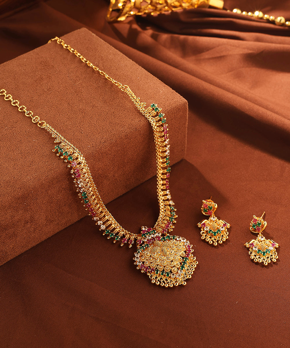 Gold Necklace with Multi Colour Stones and Center Pendant