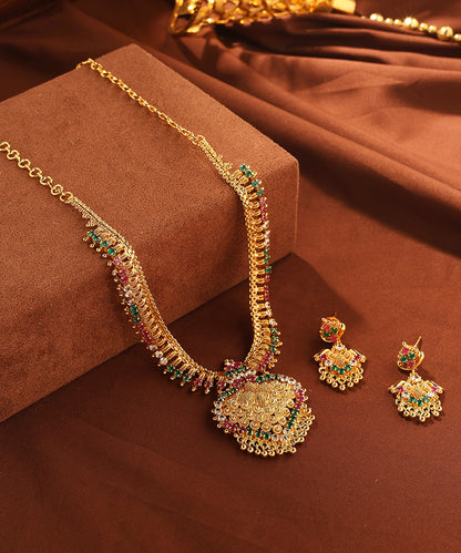 Gold Necklace with Multi Colour Stones and Center Pendant