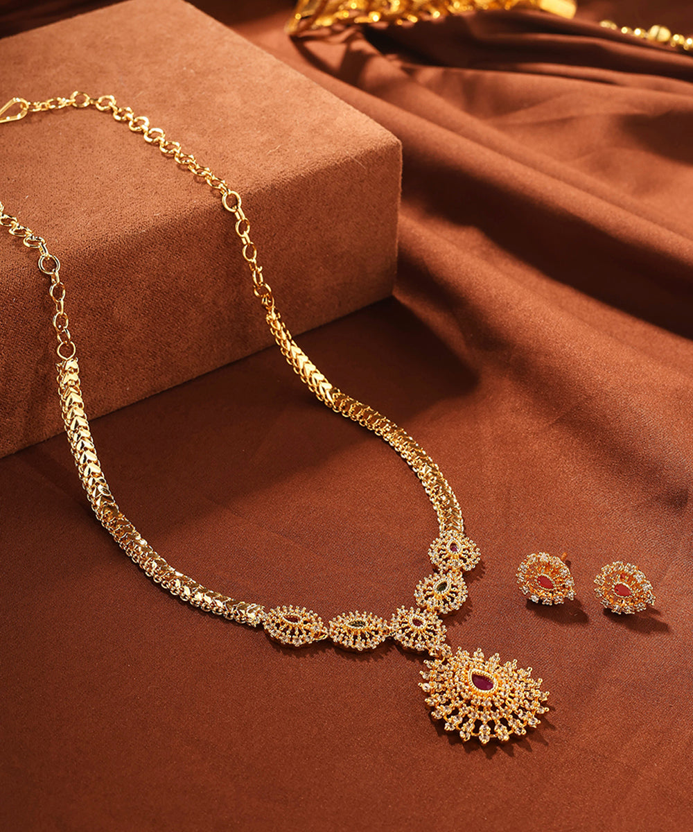 Gold Necklace with Multi Colour Stones and Center Large Pendant