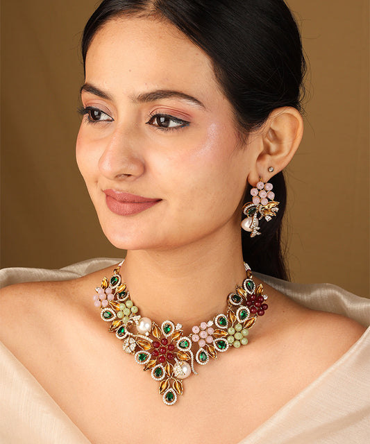 V Shaped Colourful Floral Statement Necklace with Matching Earrings
