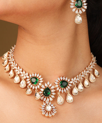 Statement Necklace with Green Stones and American Diamonds