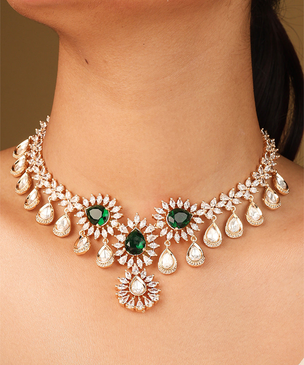 Statement Necklace with Green Stones and American Diamonds