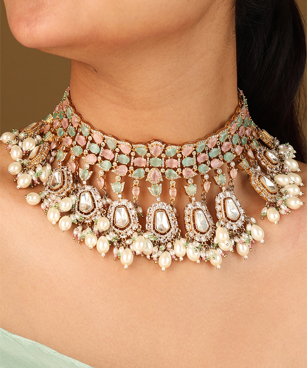 Pastel Colour Choker Necklace with American Stones for Bridal Look