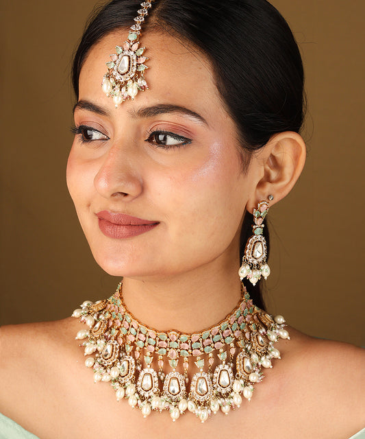Pastel Colour Choker Necklace with American Stones for Bridal Look