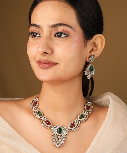 Statement Necklace Set with Red and Green Stones