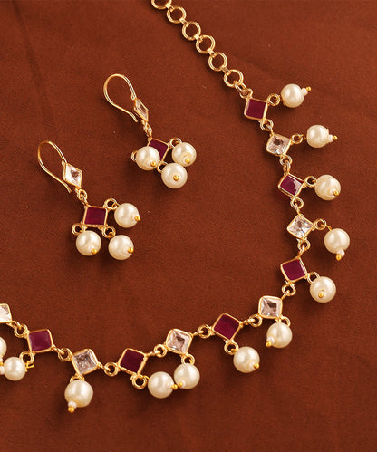 American Diamond Necklace with Pink Stones and Pearls