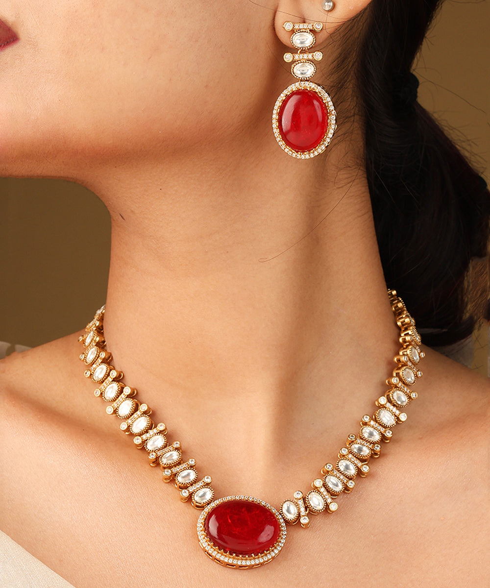 Kundan Necklace with Red Stone Pendant