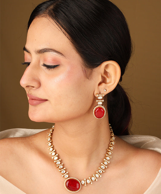 Kundan Necklace with Red Stone Pendant