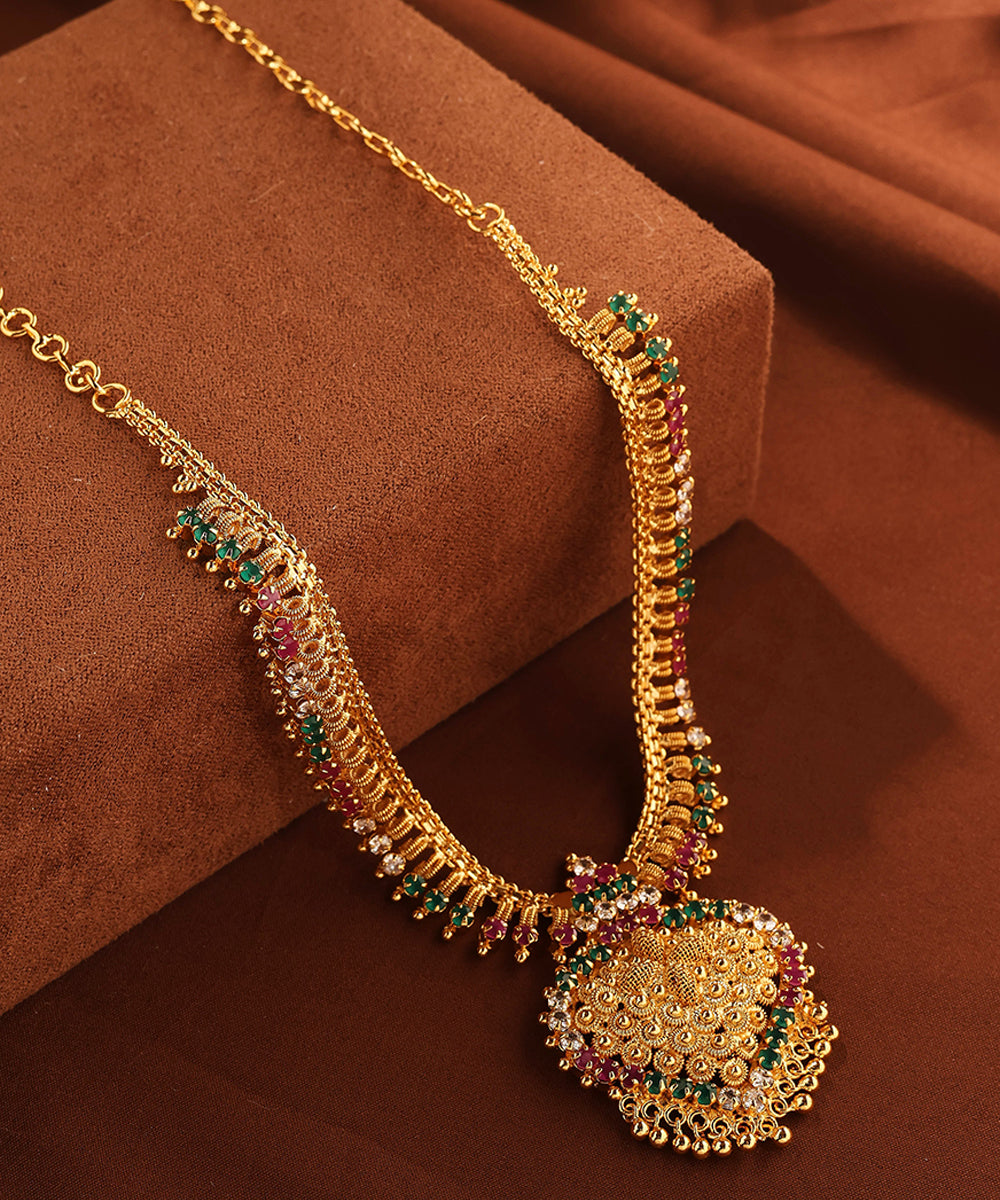 Gold Necklace with Multi Colour Stones and Center Pendant