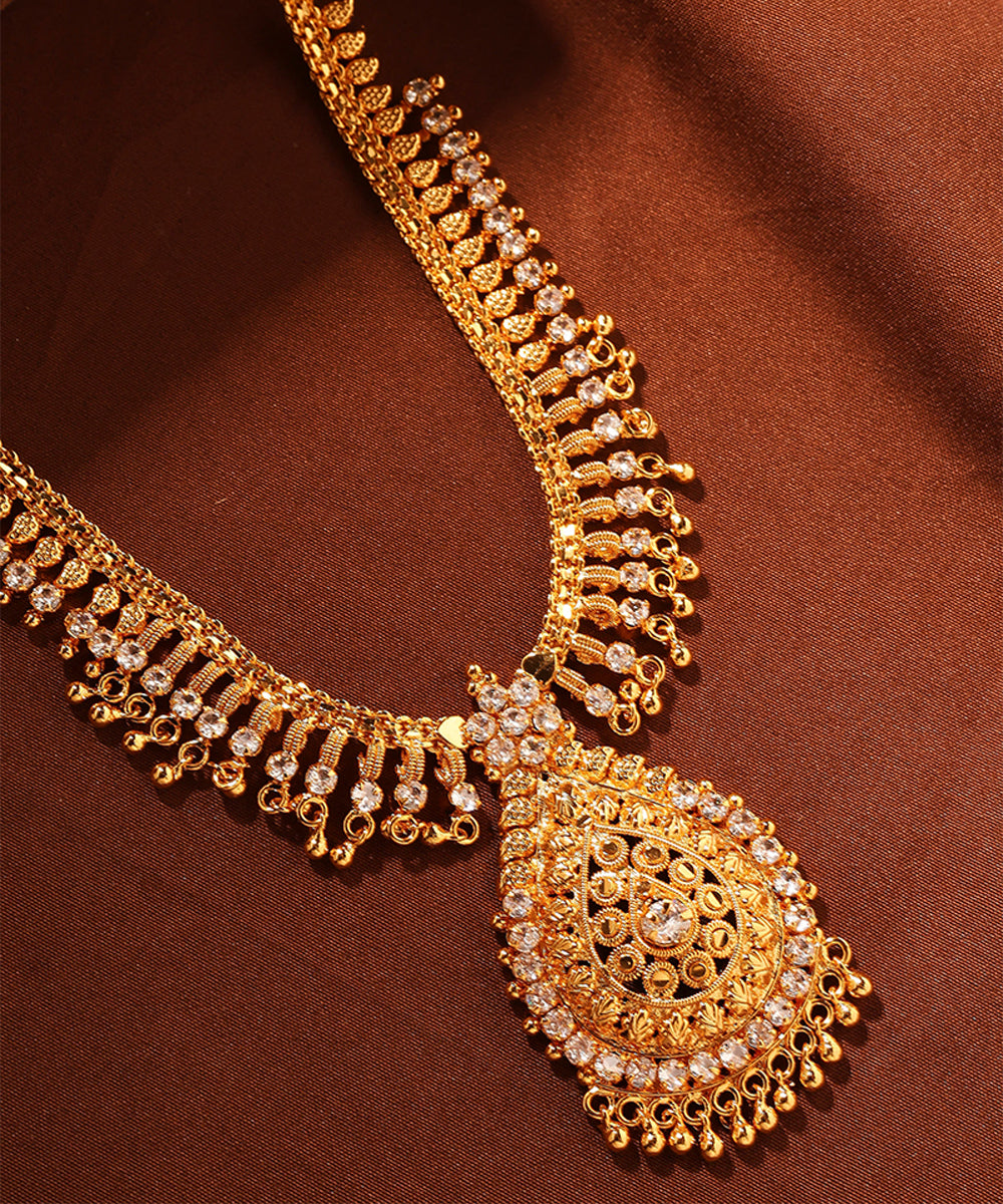 Gold Necklace Set with American Diamond Accents and Teardrop Pendant